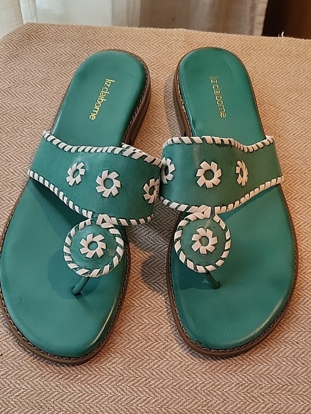 Liz Claiborne Teal Slide Sandals with White Floral Trim